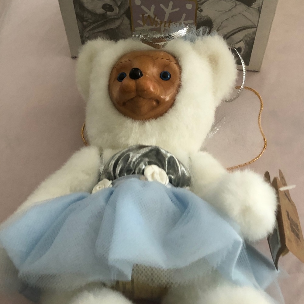 White and Blue Teddy Bear with Brown Face